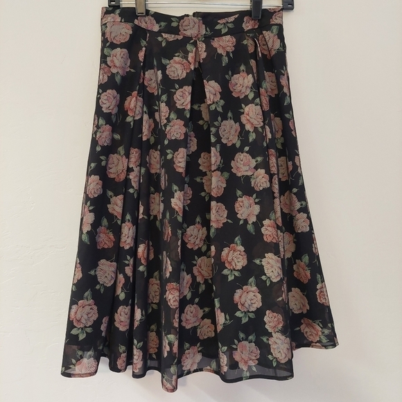 Ro & De Black Pink Skirt Floral Lined Mesh‎ Pleated Tapestry Look Circle Swing - Picture 1 of 13